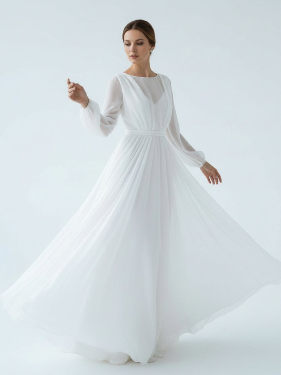 A-Line Illusion Neck Long Sleeves Sweep Train Organza Wedding Dresses