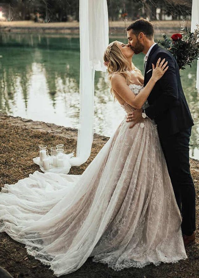 A Line Lace  White Spaghetti Straps  Wedding Dresses