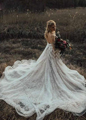 A Line Lace  White Spaghetti Straps  Wedding Dresses