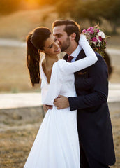 A-line Long Sleeved Satin Wedding Dresses with Cowl Back