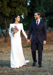 A-line Long Sleeved Satin Wedding Dresses with Cowl Back