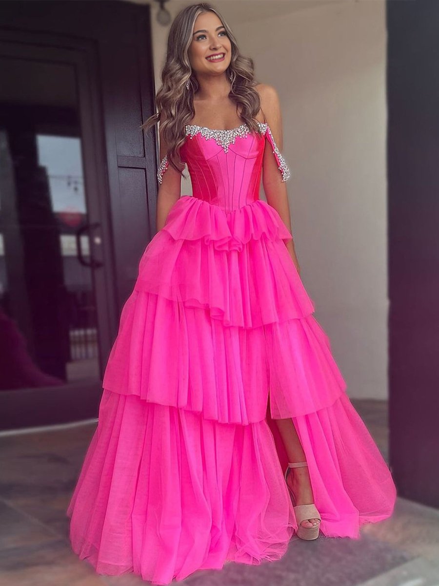 A Line Off the Shoulder Hot Pink Tulle Long Prom Dresses with Beading