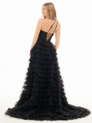 A Line One Shoulder Tiered Long Prom Dress