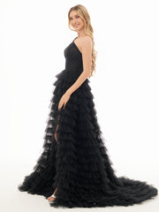A Line One Shoulder Tiered Long Prom Dress