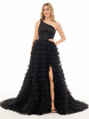 A Line One Shoulder Tiered Long Prom Dress