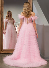 A Line Sweetheart Tiered Tulle Long Prom Dress With Slit
