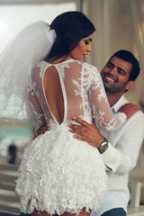 A-Line Illusion Neck Lace Applique Long Sleeves Short-Mini Wedding Dresses