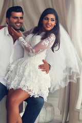 A-Line Illusion Neck Lace Applique Long Sleeves Short-Mini Wedding Dresses