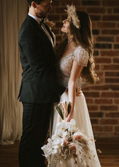 A Line Short Sleeves V Neck Wedding Dresses