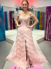 A-Line Sweetheart Champagne Tulle Prom Dresses with Appliques