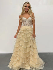 A-Line Sweetheart Champagne Tulle Prom Dresses with Appliques