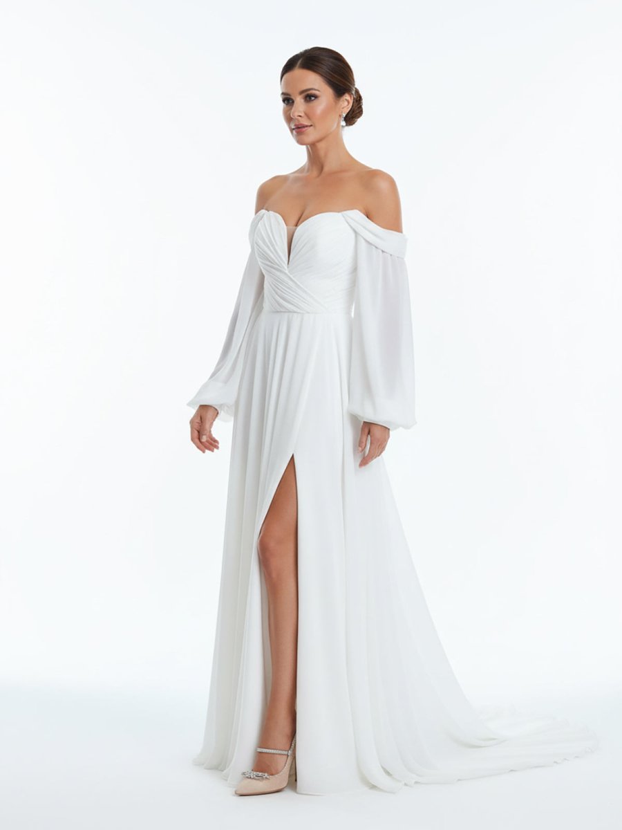 A-Line Sweetheart Long Sleeves Chiffon Sweep Train Wedding Dress