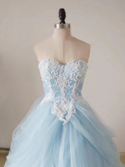 A-Line Lace Sweetheart Neck Blue Long Prom Dress