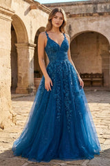 A Line Ink Blue Glitter Tulle Lace Prom Dress