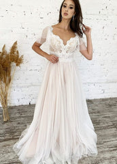 A-Line Short Sleeves Lace-Up Long Tulle Appliques Boho Wedding Bridal Gown