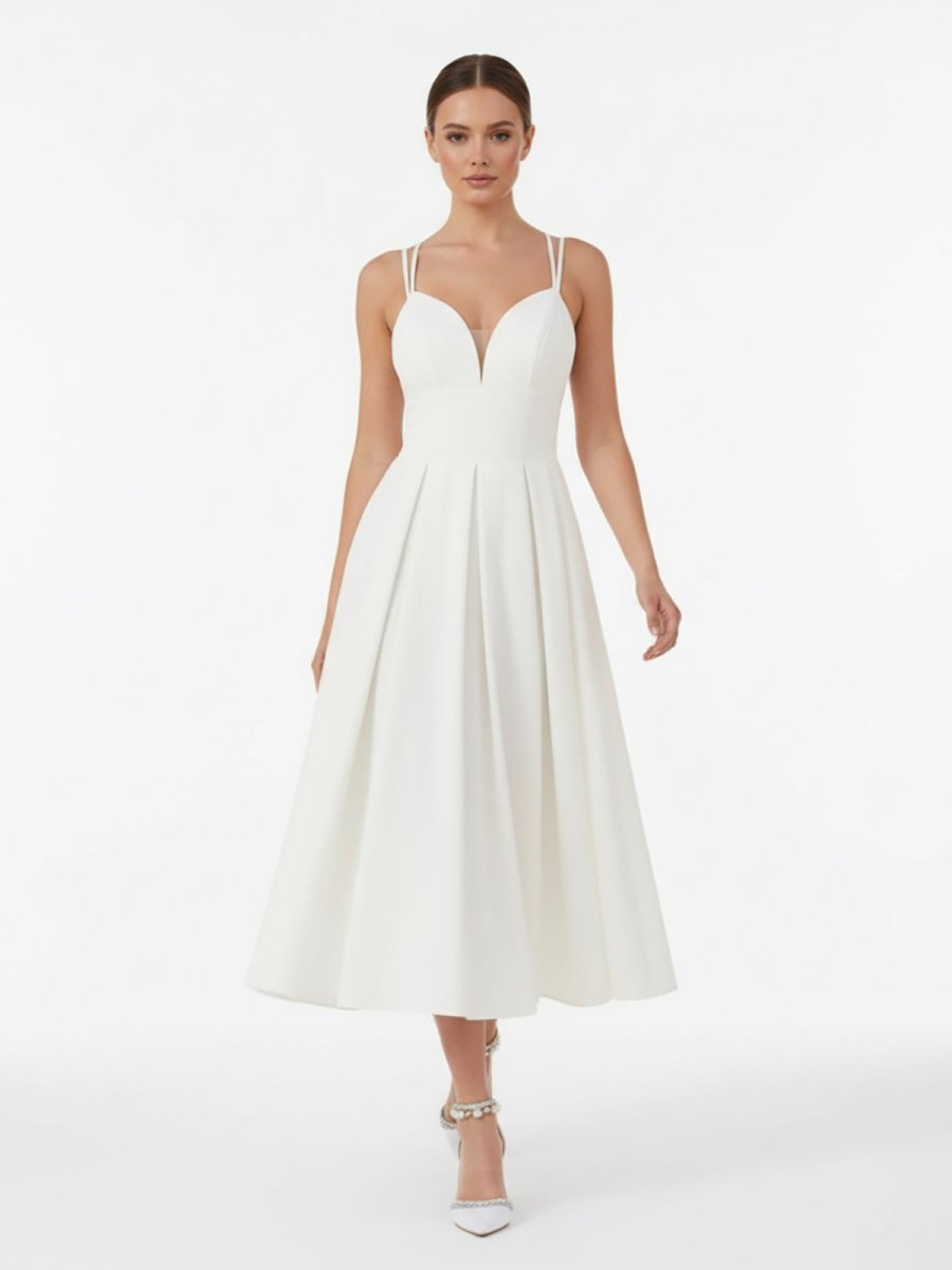 A-Line V-Neck Sleeveless Satin Knee-Length Wedding Dress