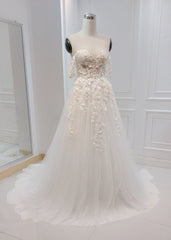 A-line White Off the Shoulder Wedding Dress With Flower Embroidery