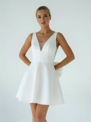 A-Line White Satin V-Neck Short Wedding Dress with Bow