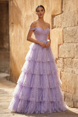 A-Line Off the Shoulder Ruffle Tiered Tulle Long Prom Dress