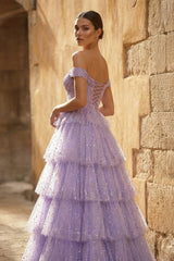 A-Line Off the Shoulder Ruffle Tiered Tulle Long Prom Dress