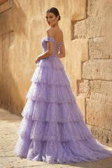 A-Line Off the Shoulder Ruffle Tiered Tulle Long Prom Dress