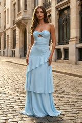 Blue - Sheath Strapless Chiffon Long Prom Dresses With Ruffles