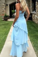 Blue - Sheath Strapless Chiffon Long Prom Dresses With Ruffles