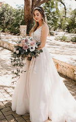 Adorable A-Line Lace Wedding Dress With Appliques And Illusion Deep-V Back