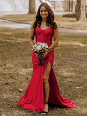 Blue Satin Mermaid Long Formal Dress with Slit