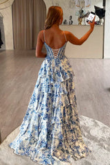Blue Spaghetti Straps A Line Floral Chiffon Ruffled Prom Dresses With Slit
