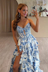 Blue Spaghetti Straps A Line Floral Chiffon Ruffled Prom Dresses With Slit