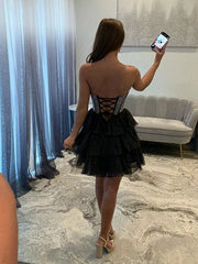 Black - Strapless A Line Chiffon Beaded Mini Party Dresses With Ruffles