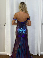 Mermaid Off the Shoulder Purple Metallic Long Prom Dress