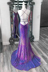 Purple Iridescent Sequins V Neck Lace-Up Mermaid Long Prom Dress with Slit