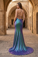 Purple Iridescent Sequins V Neck Lace-Up Mermaid Long Prom Dress with Slit