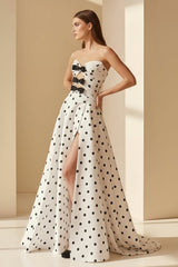 Black-White Strapless A Line Polka Dots Satin Long Formal Prom Dresses With Bow