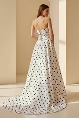 Black-White Strapless A Line Polka Dots Satin Long Formal Prom Dresses With Bow