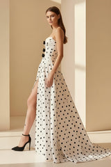 Black-White Strapless A Line Polka Dots Satin Long Formal Prom Dresses With Bow
