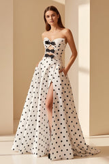 Black-White Strapless A Line Polka Dots Satin Long Formal Prom Dresses With Bow