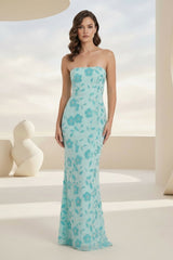 Blue Strapless Sheath Floral Sequins Long Formal Prom Dresses