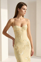 Yellow Spaghetti Straps Sheath Long Prom Dresses With Floral Embroidery