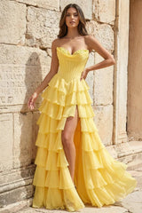 Strapless A-Line Ruffle Long Prom Dress With Split