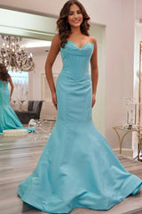 Blue Sweetheart Mermaid Pleated Long Formal Prom Dresses With Appliques