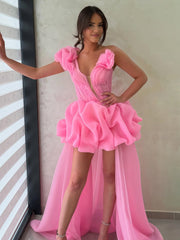 Hot Pink - One Shoulder Organza High Low Homecoming Dress With Ruffles
