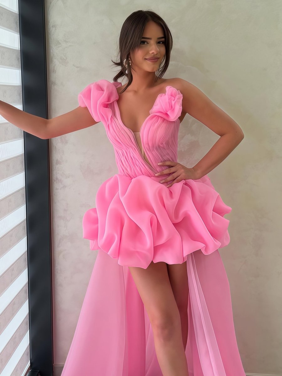 Hot Pink - One Shoulder Organza High Low Homecoming Dress With Ruffles