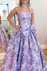 Lilac Strapless Floral Printed A Line Long Formal Prom Dresses With Bow