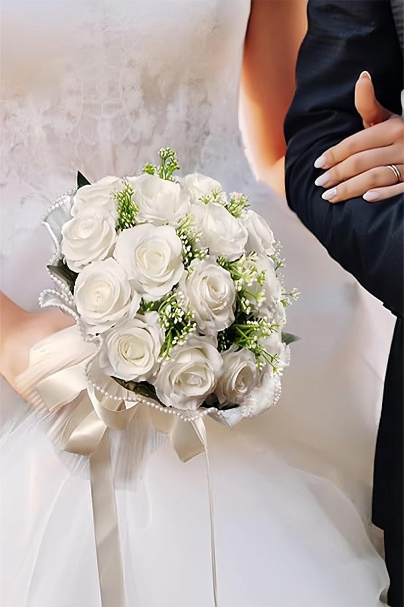 Artificial Ivory Rose Cascade Wedding Flower Bouquets with Pearl