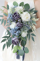 Artificial Purple Rose Cascade Wedding Flower Bouquets with Ribborn