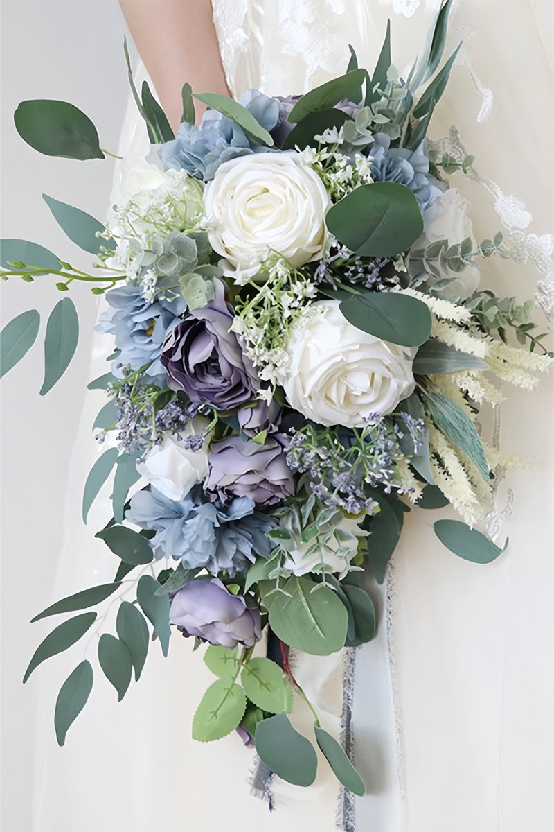 Artificial Purple Rose Cascade Wedding Flower Bouquets with Ribborn