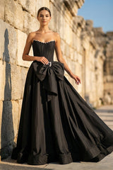 Black - Strapless A Line Satin Pearl Long Formal Prom Dresses With Bow